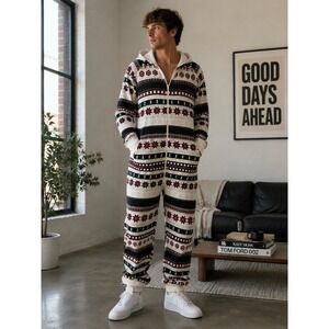 Fabletics XL Fair Isle Holiday Hooded One Piece Union Suit Red Green